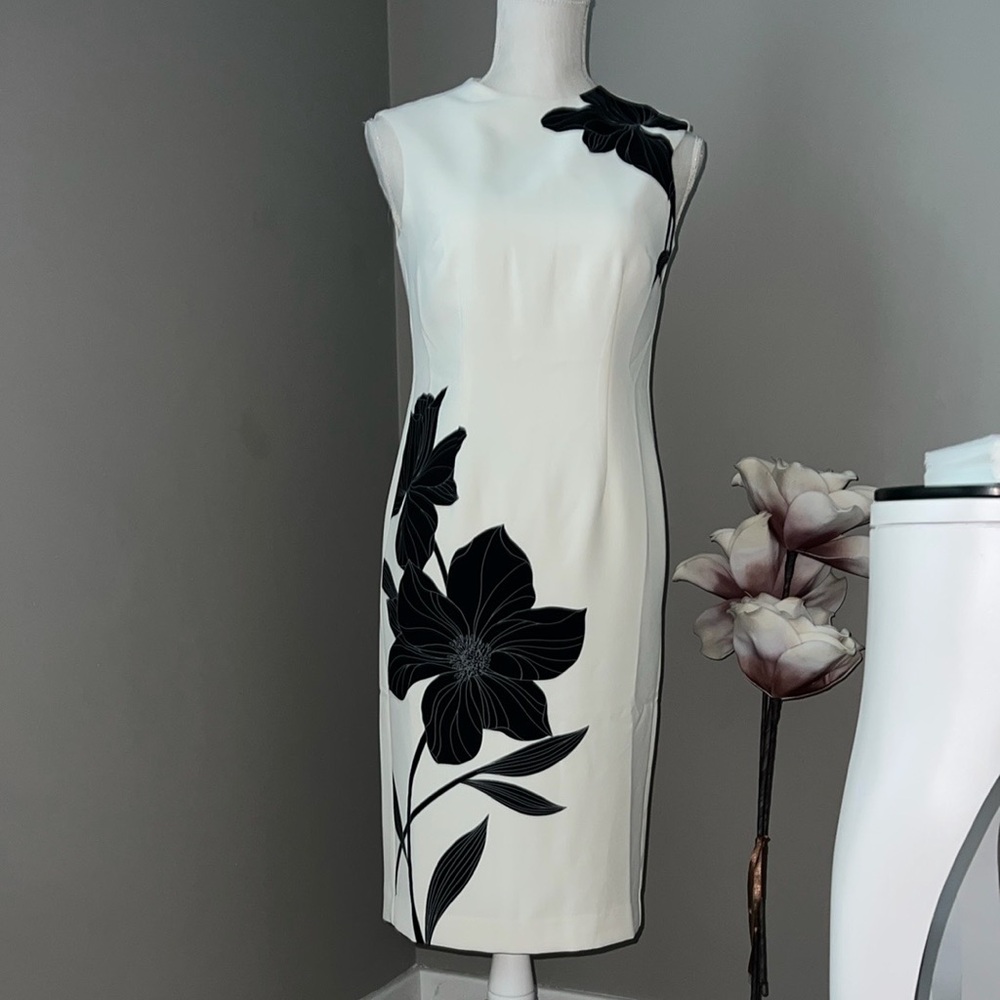 NWT ✨Ann Taylor White Midi Dress with Black Floral Motif Size 00 Petite - Picture 1 of 7
